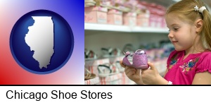 Chicago, Illinois - little girl holding a shoe in a shoe store