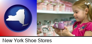 New York, New York - little girl holding a shoe in a shoe store