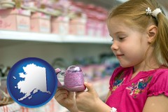 alaska map icon and little girl holding a shoe in a shoe store