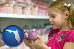 florida map icon and little girl holding a shoe in a shoe store
