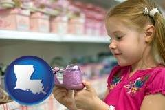 louisiana map icon and little girl holding a shoe in a shoe store