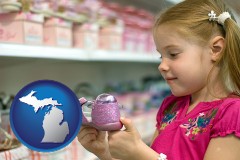 michigan map icon and little girl holding a shoe in a shoe store