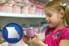 missouri map icon and little girl holding a shoe in a shoe store