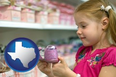 texas map icon and little girl holding a shoe in a shoe store